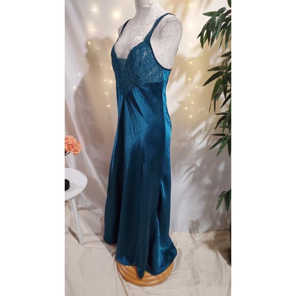 Vtg Victorias Secret Gold Label Satin Lace Maxi Chemise Slip Dress Size M Blue - Picture 2 of 12